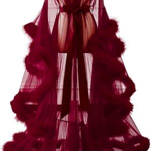 Elegant Burgundy Sheer Robe with Feather Trim